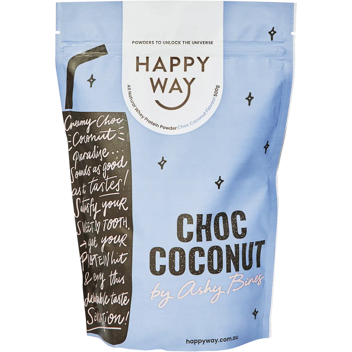 Happy Way Ashy Bines Whey Protein Powder Choc Coconut 500g — front pack image (UHP)