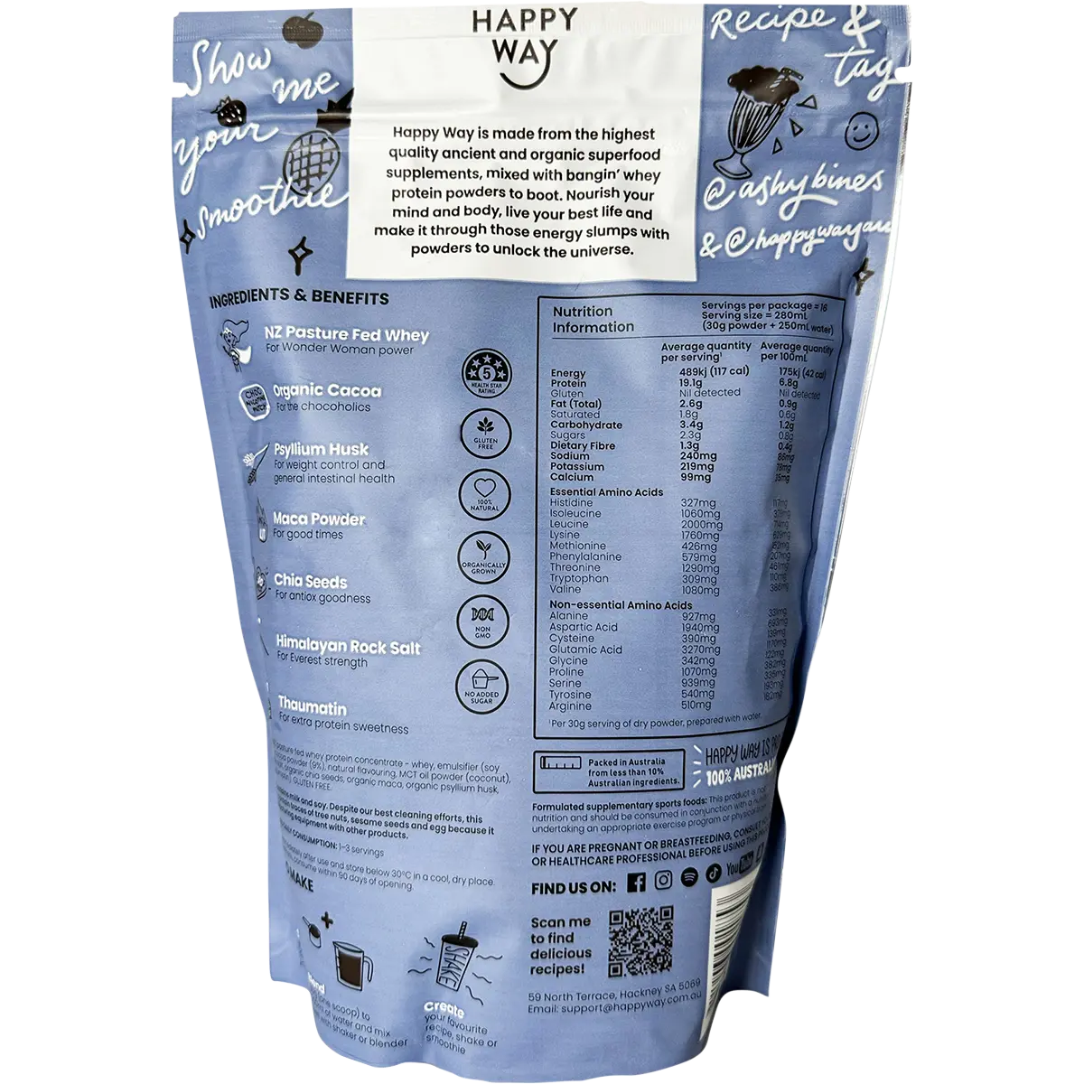 Happy Way Ashy Bines Whey Protein Powder Choc Coconut 500g — back pack image (UHP)