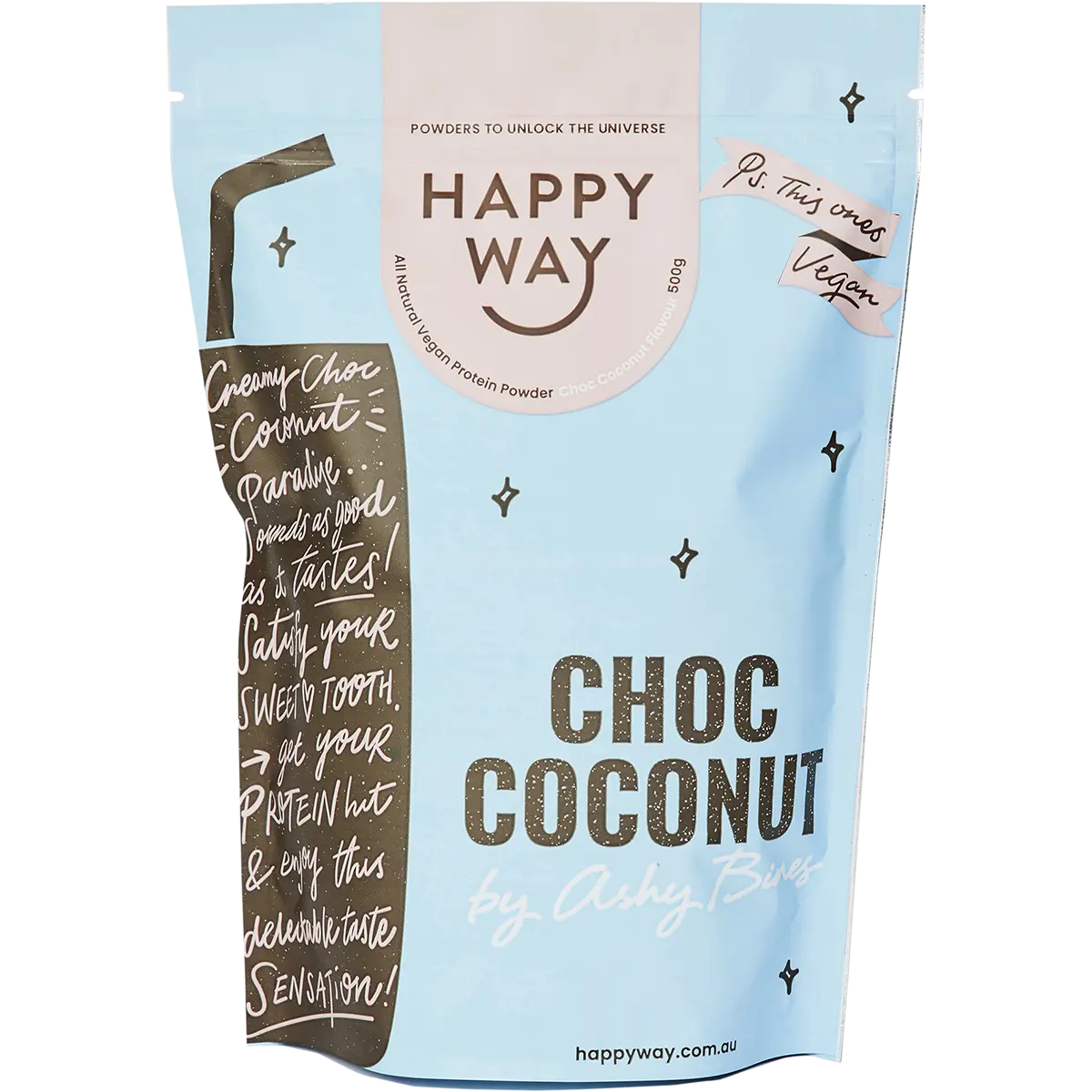 Happy Way Ashy Bines VEGAN Protein Powder Choc Coconut 500g — front pack image (UHP)