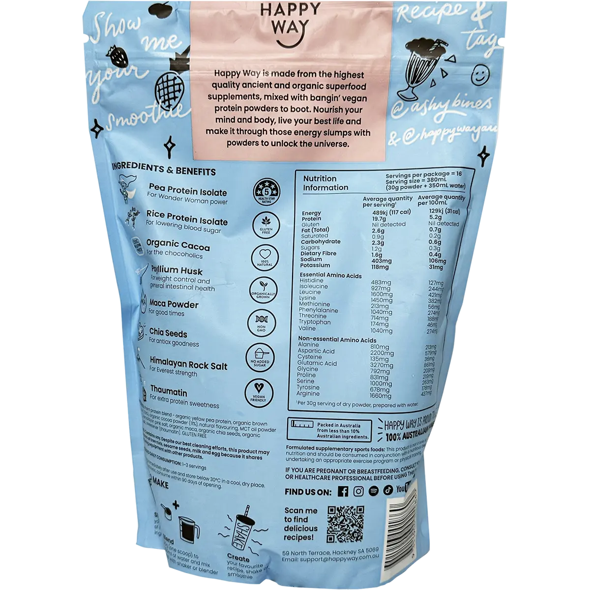 Happy Way Ashy Bines VEGAN Protein Powder Choc Coconut 500g — back pack image (UHP)