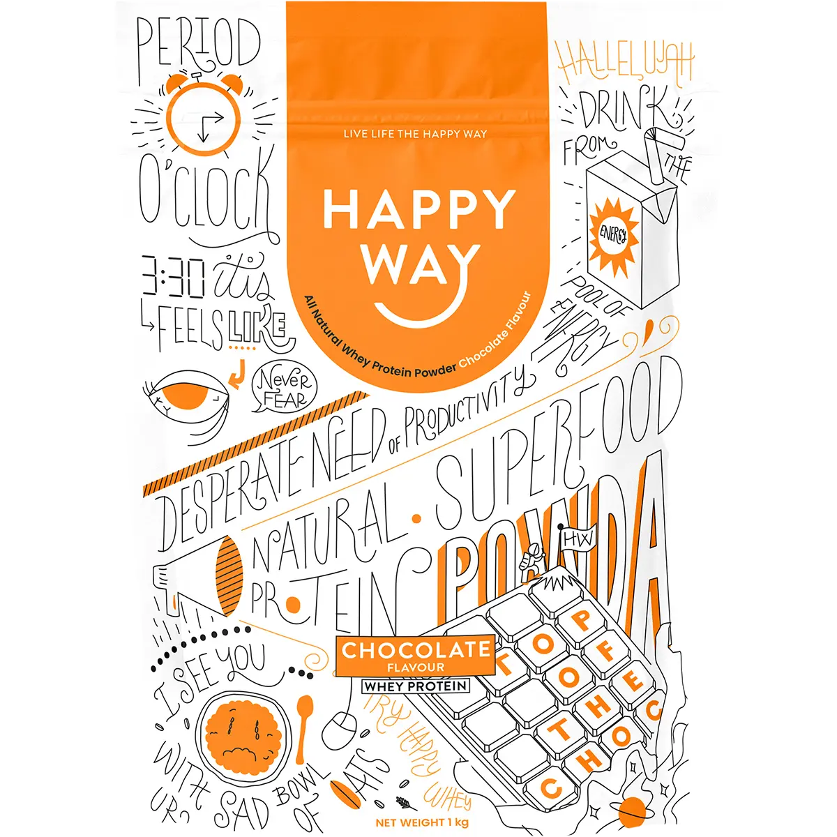 Happy Way Whey Protein Powder Chocolate — front pack image (UHP)
