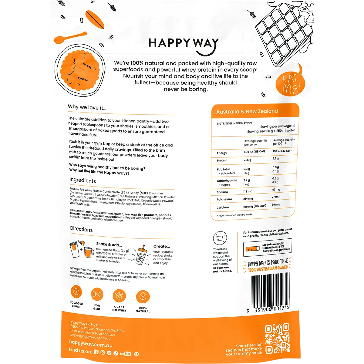 Happy Way Whey Protein Powder Chocolate — back pack image (UHP)