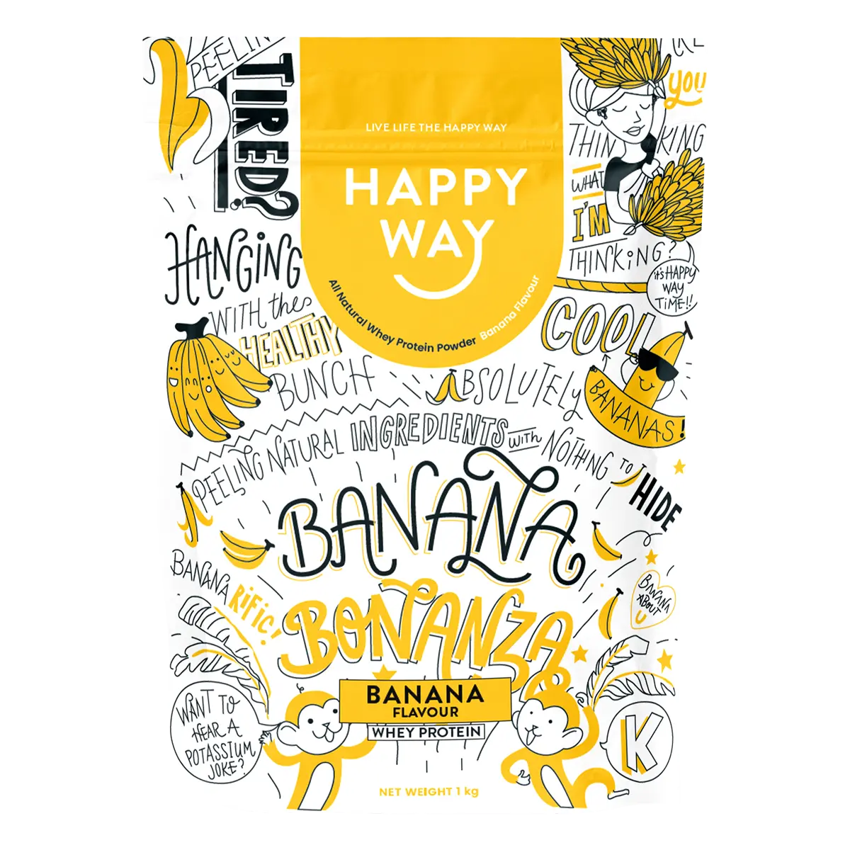 Happy Way Whey Protein Powder Banana — front pack image (UHP)