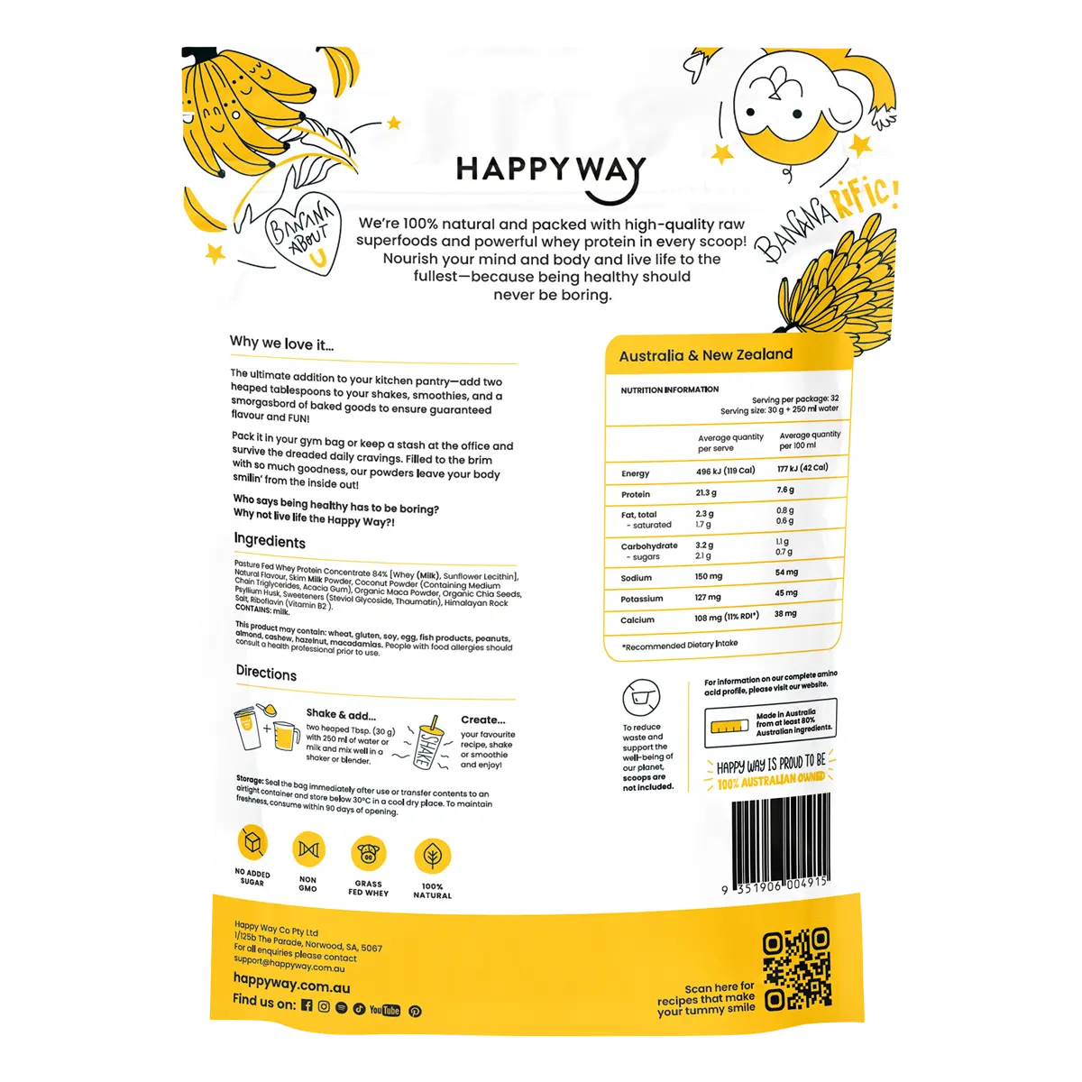 Happy Way Whey Protein Powder Banana — back pack image (UHP)