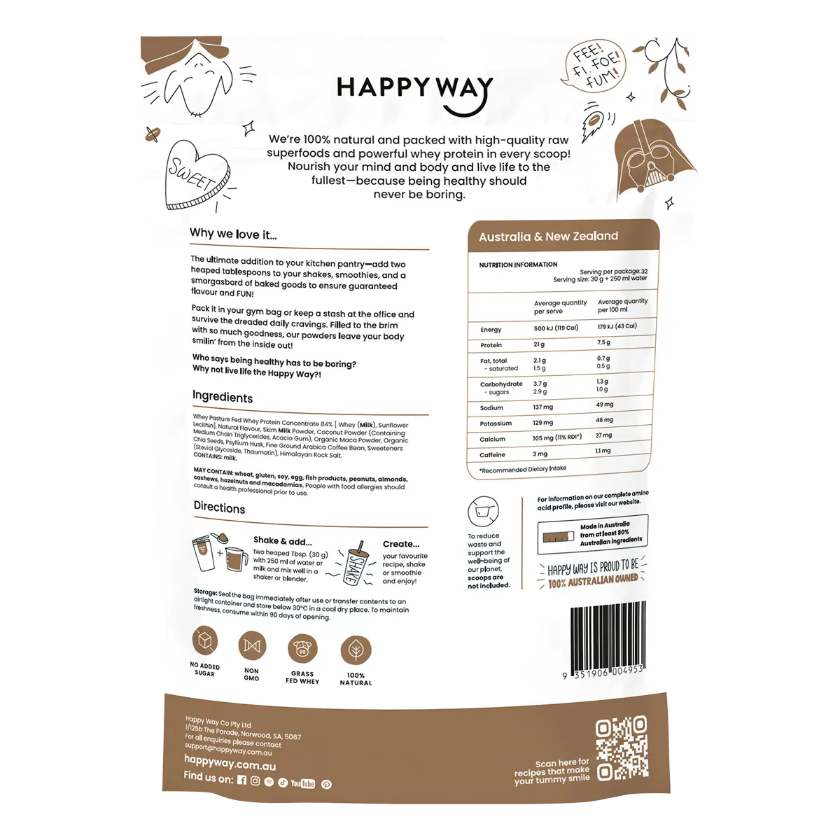Happy Way Whey Protein Powder Coffee — back pack image (UHP)