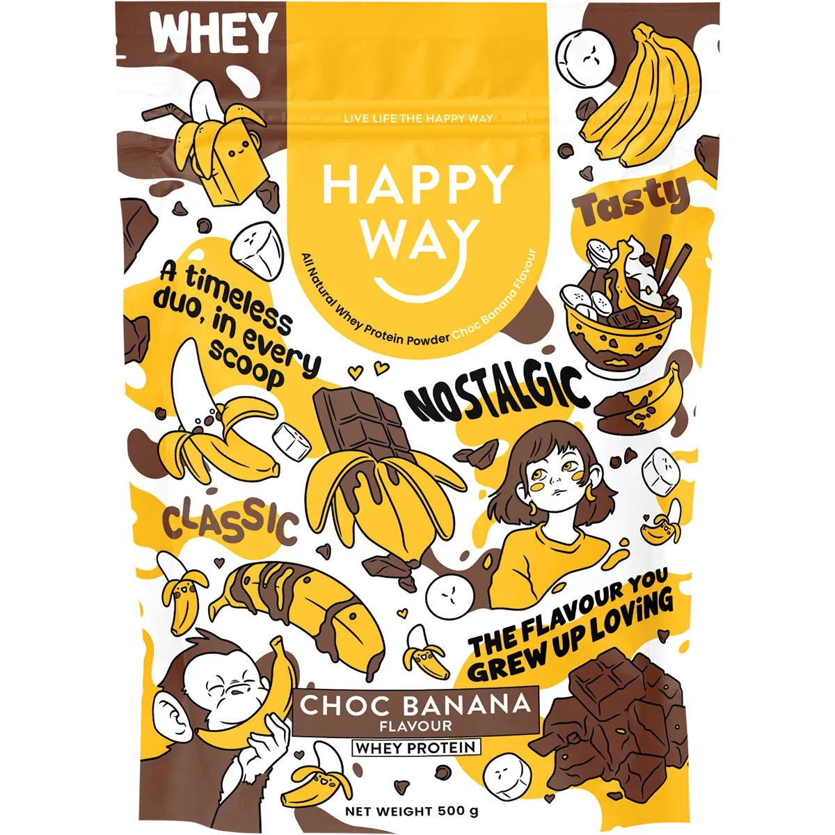 Happy Way Whey Powder Choc Banana 500g — front pack image (UHP)