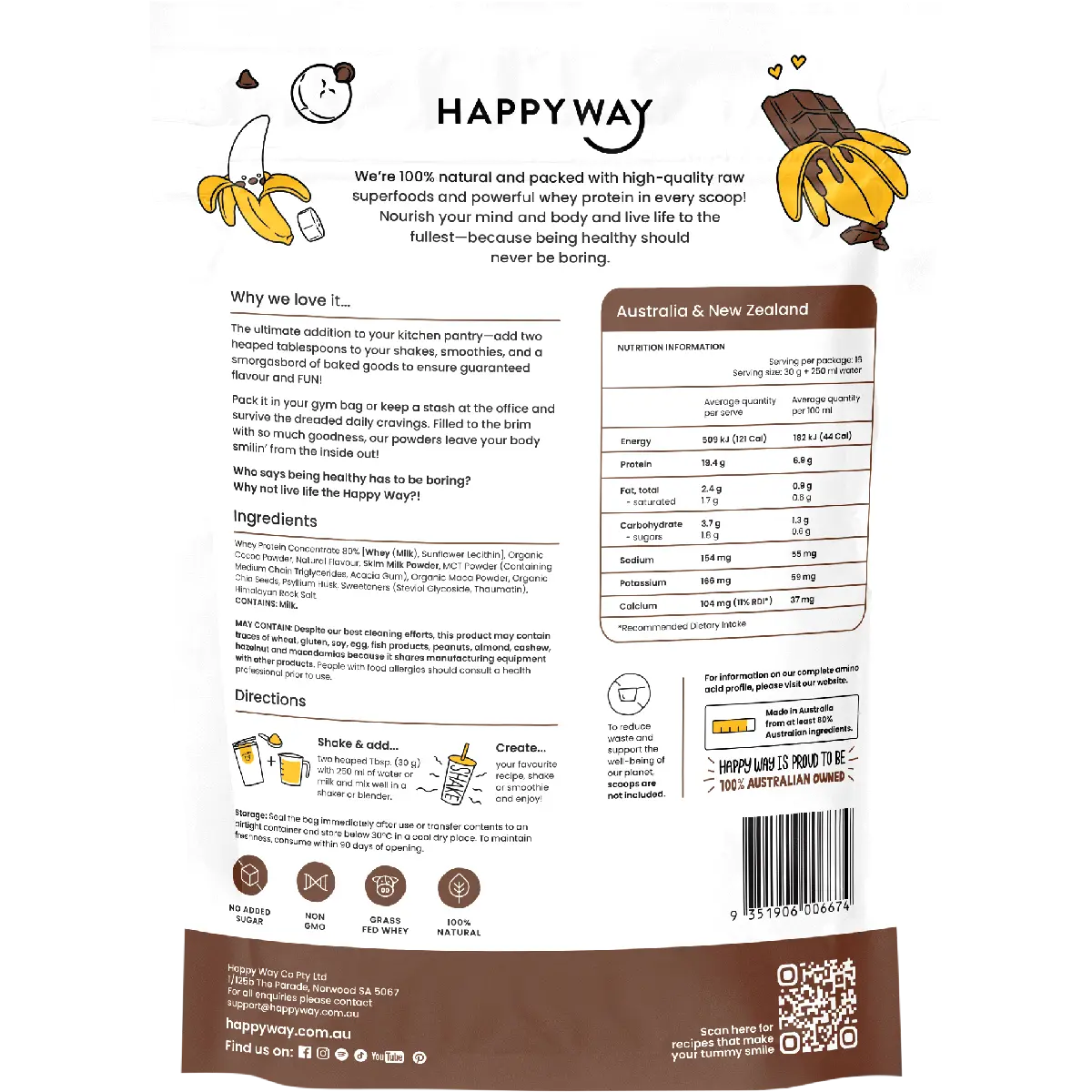 Happy Way Whey Powder Choc Banana 500g — back pack image (UHP)