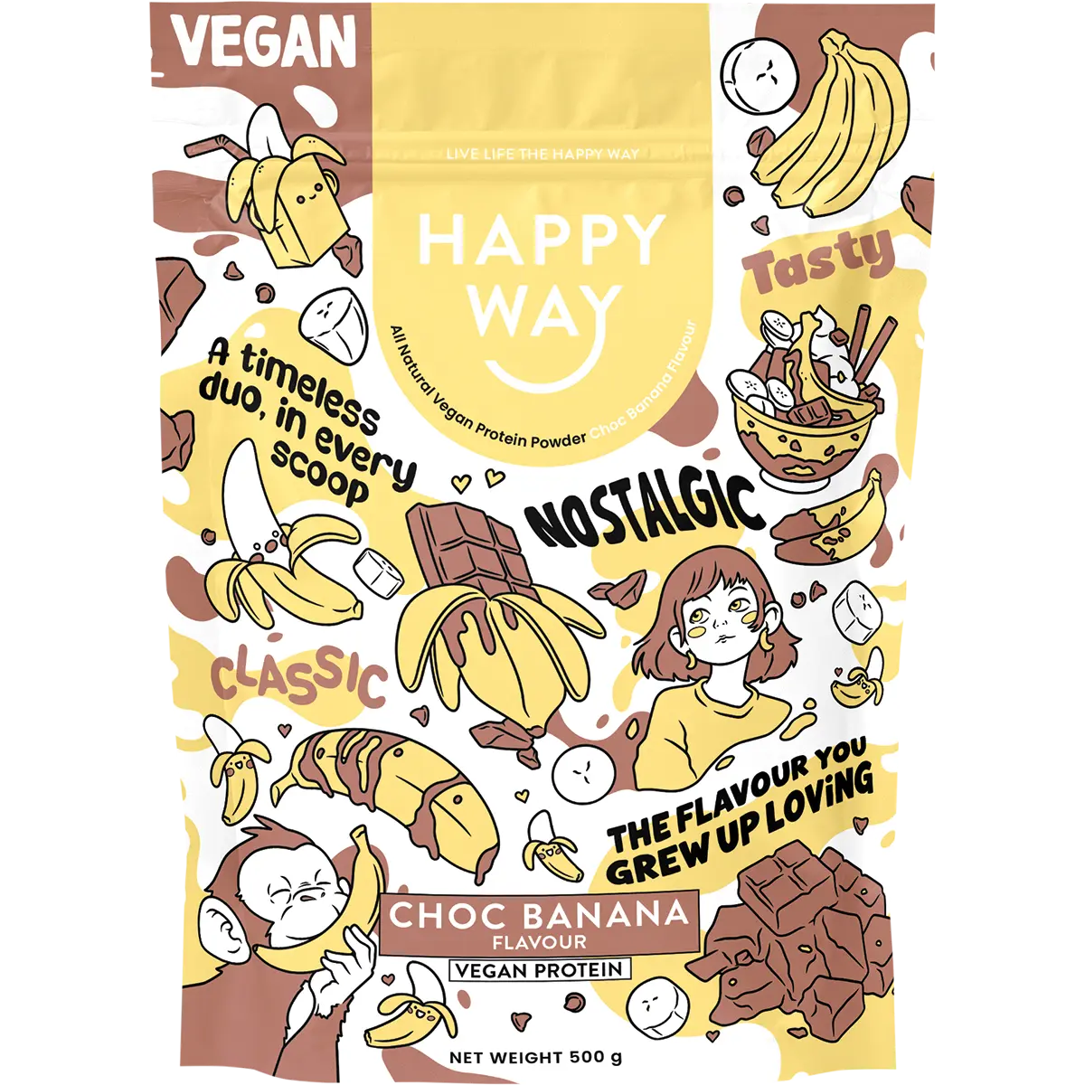 Happy Way Vegan Protein Powder Choc Banana 500g — front pack image (UHP)