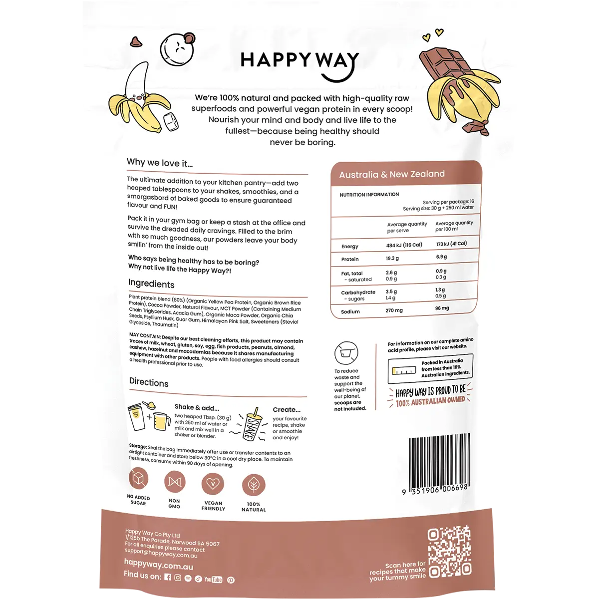 Happy Way Vegan Protein Powder Choc Banana 500g — back pack image (UHP)