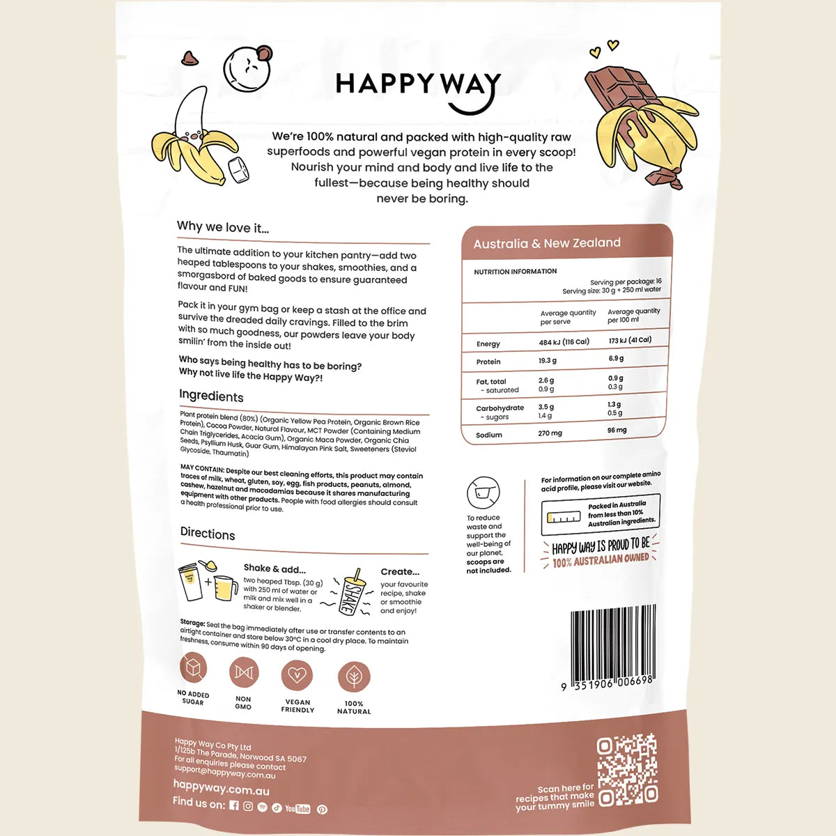Happy Way Vegan Protein Powder Choc Banana 500g Happy Way