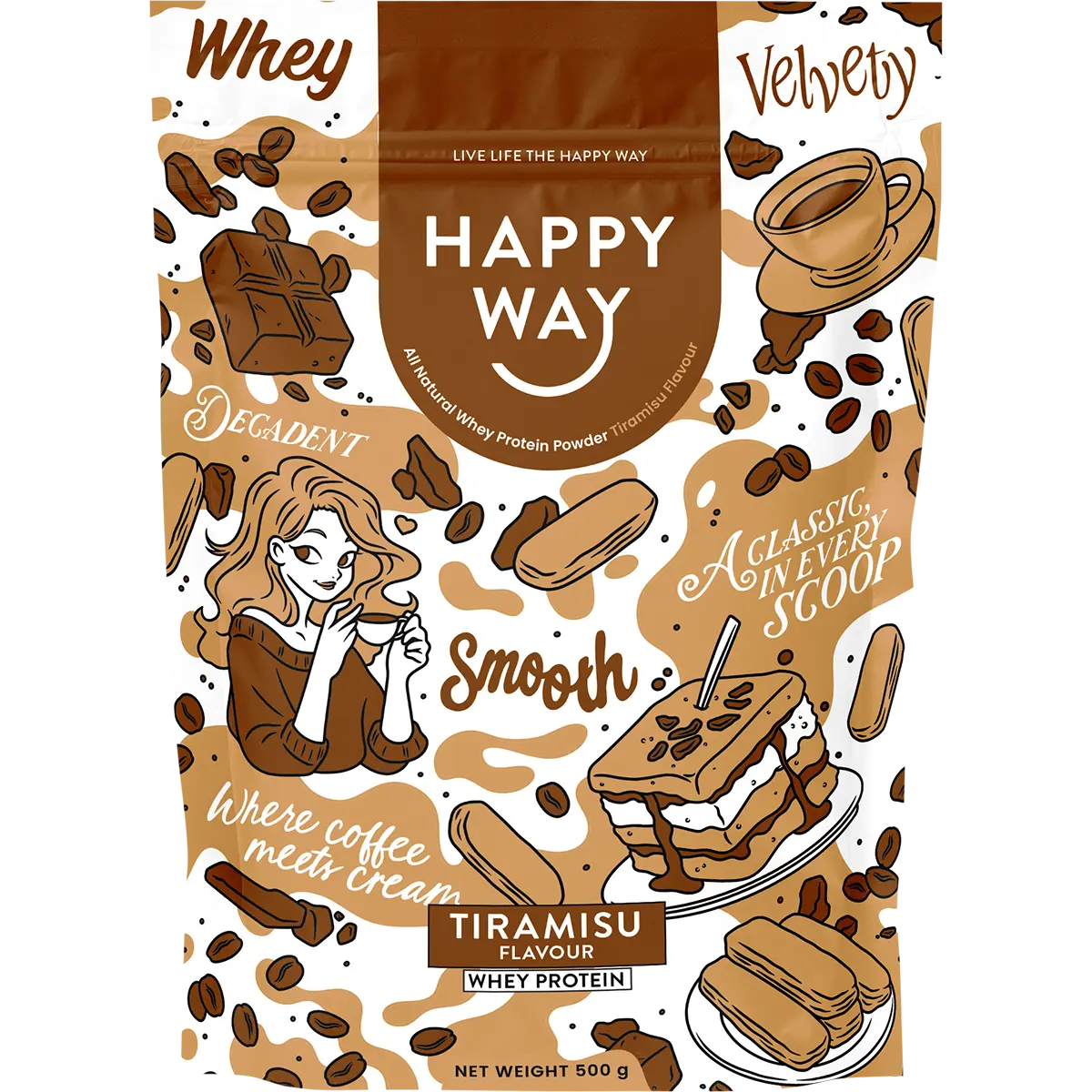 Happy Way Whey Protein Powder Tiramisu 500g — front pack image (UHP)