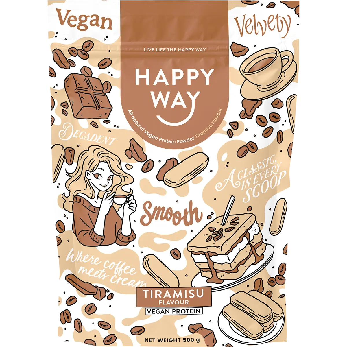 Happy Way Vegan Protein Powder Tiramisu 500g — front pack image (UHP)