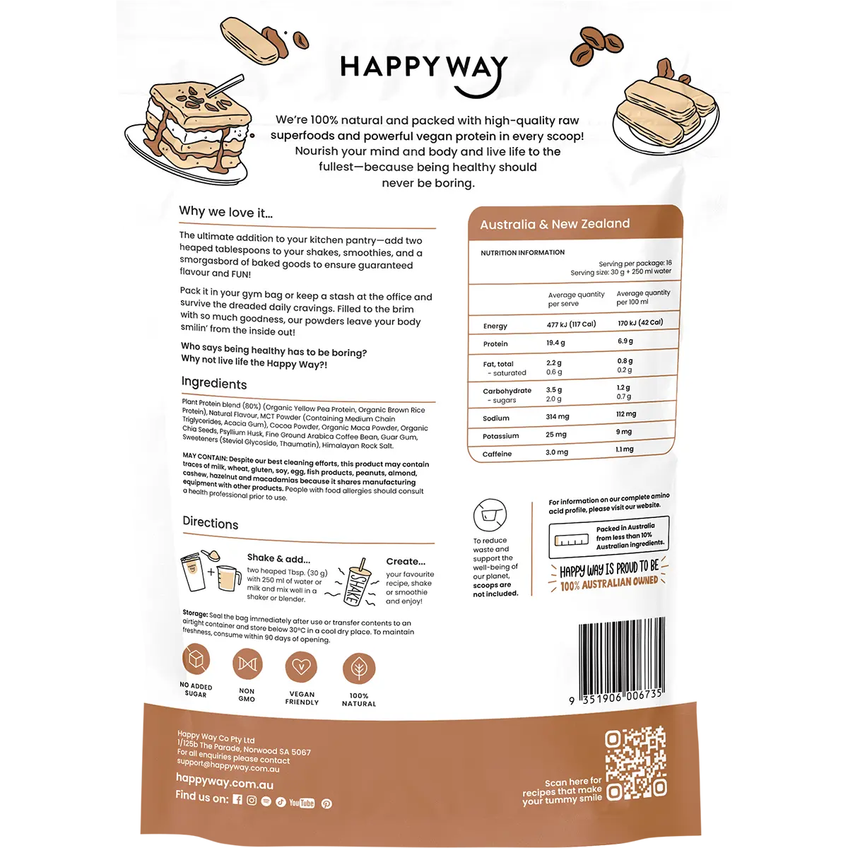 Happy Way Vegan Protein Powder Tiramisu 500g — back pack image (UHP)