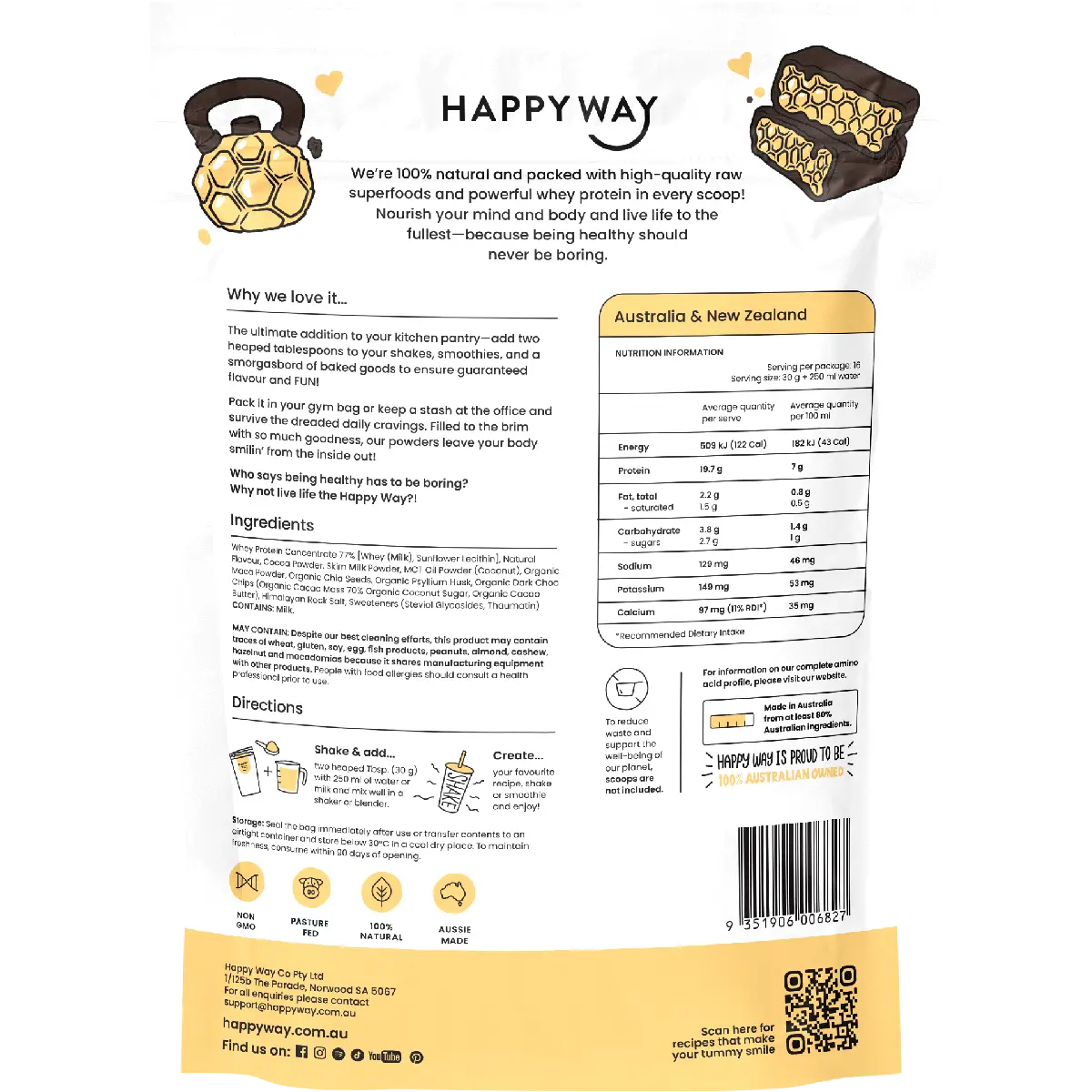 Happy Way Whey Protein Powder Choc Chip Honeycomb 500g — back of pack and product information