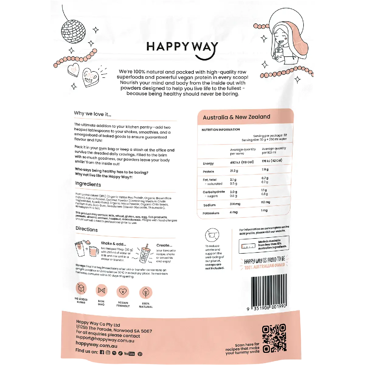 Happy Way Vegan Protein Powder Vanilla — back pack image (UHP)