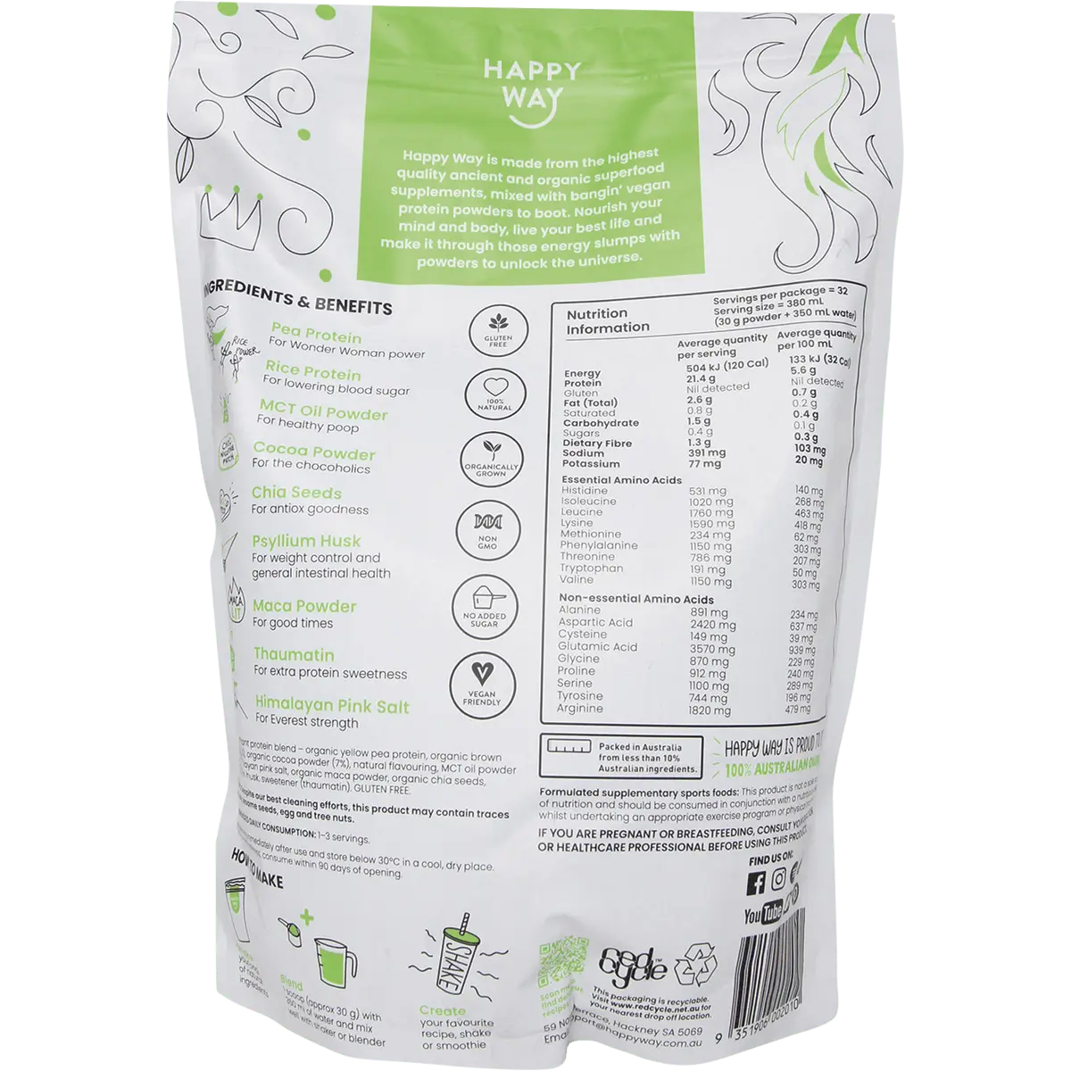 Happy Way Vegan Protein Powder Chocolate — back pack image (UHP)