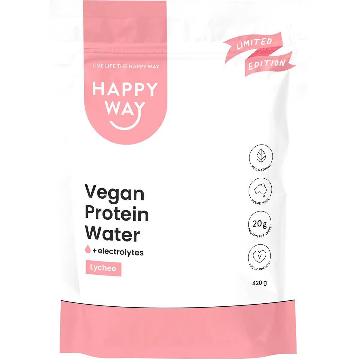 Happy Way Vegan Protein Water Lychee 420g — front pack image (UHP)