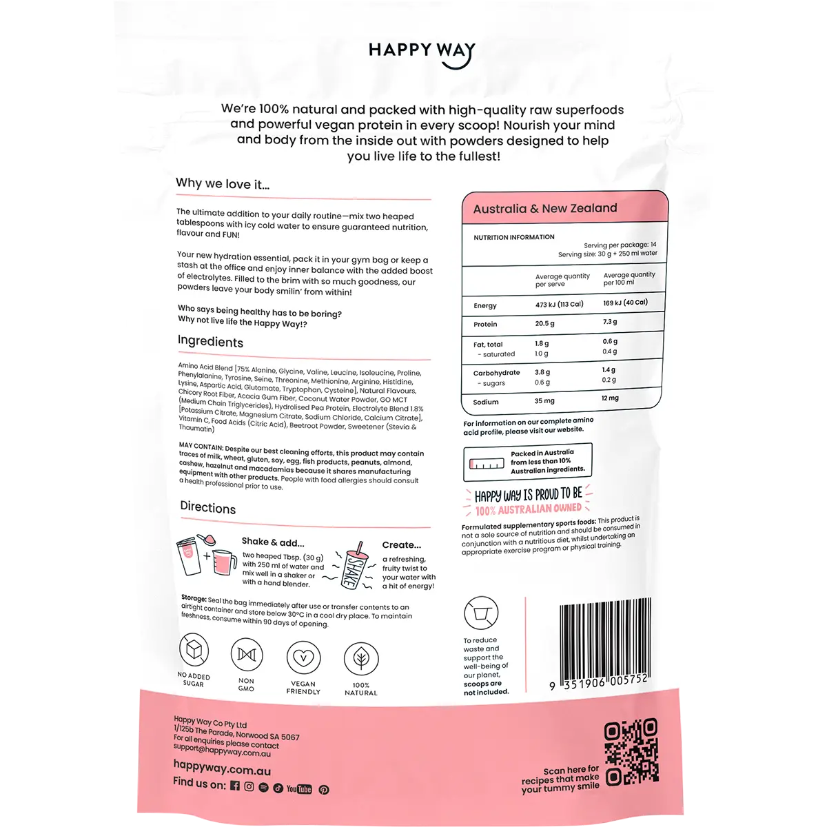 Happy Way Vegan Protein Water Lychee 420g — back pack image (UHP)