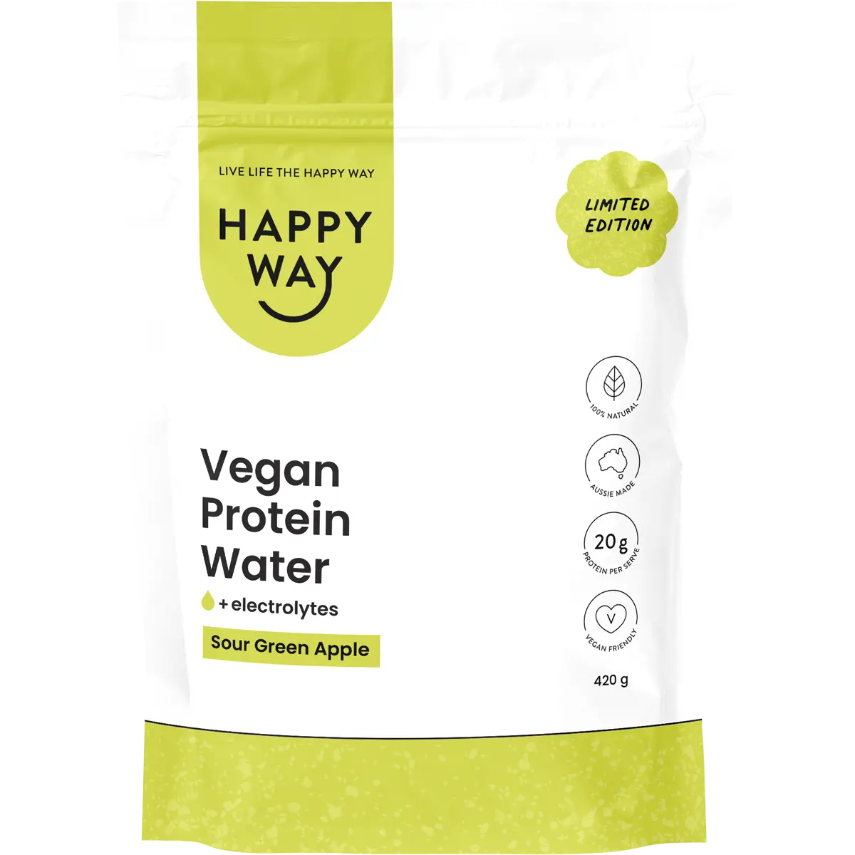 Happy Way Vegan Protein Water Sour Green Apple 420g — front pack image (UHP)