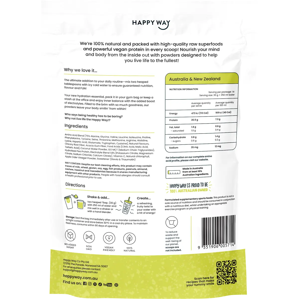 Happy Way Vegan Protein Water Sour Green Apple 420g — back pack image (UHP)