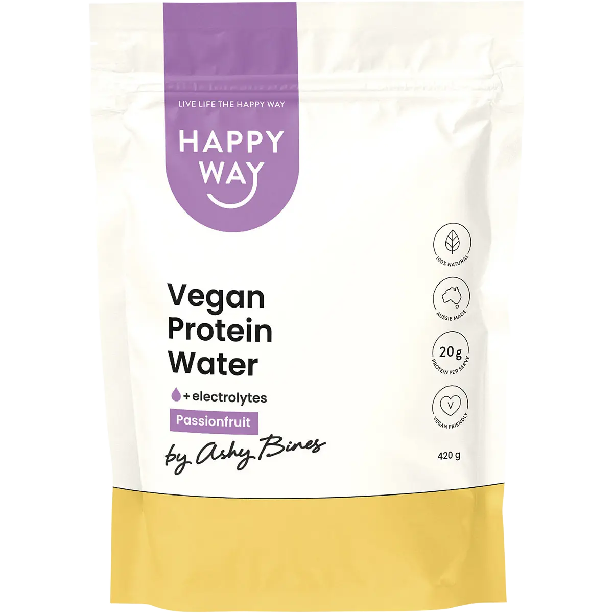 Happy Way Ashy Bines Vegan Protein Water Passionfruit 420g — front pack image (UHP)