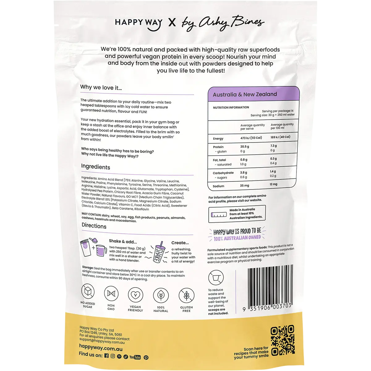 Happy Way Ashy Bines Vegan Protein Water Passionfruit 420g — back pack image (UHP)