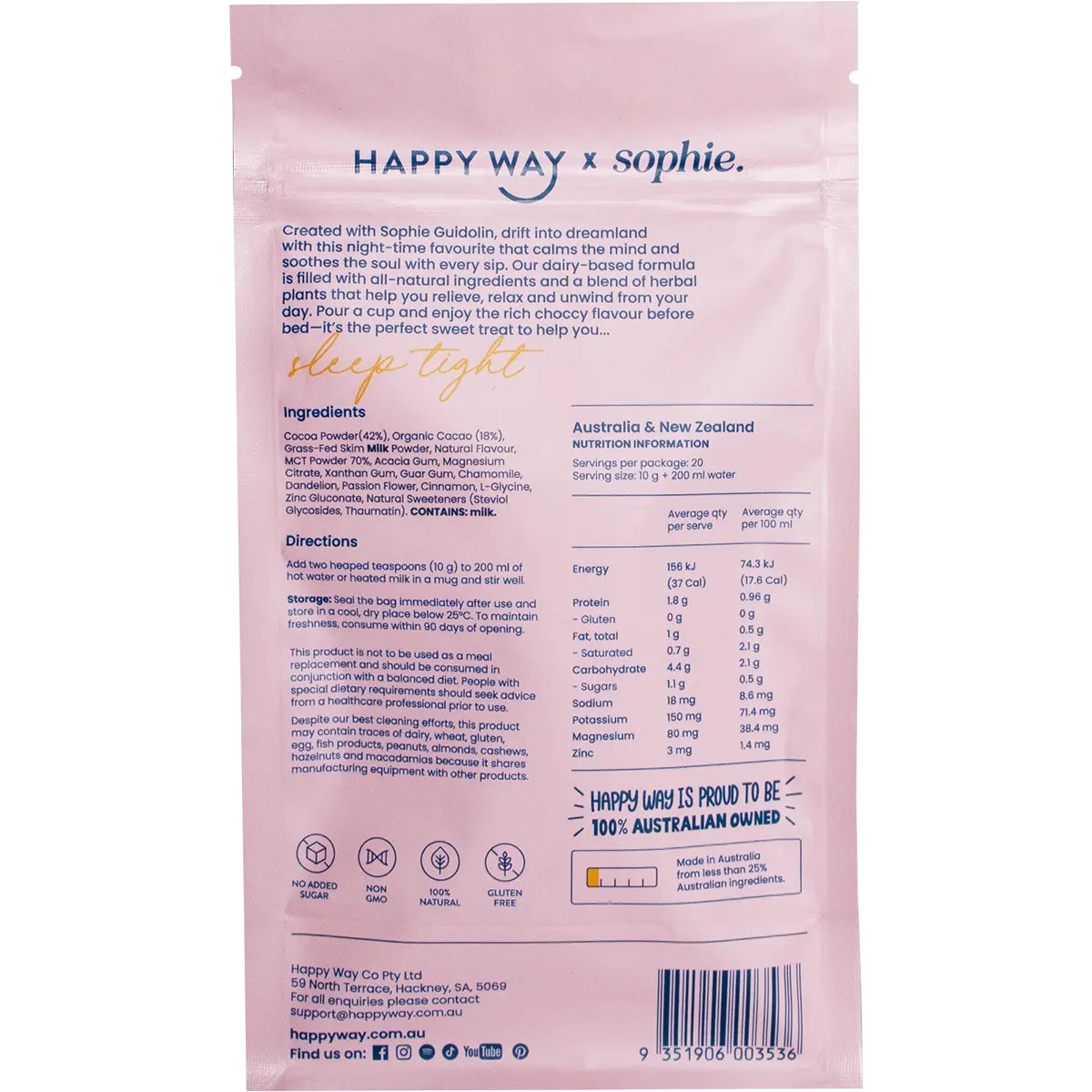 Happy Way Sophie's Sleep Tight Hot Choccy 200g — back pack image (UHP)