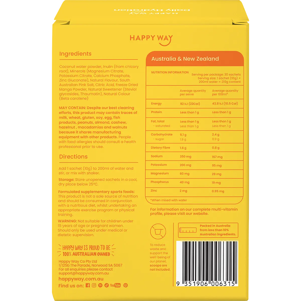Happy Way Daily Hydration Sachets Tropical 30x10g — back of pack and product information