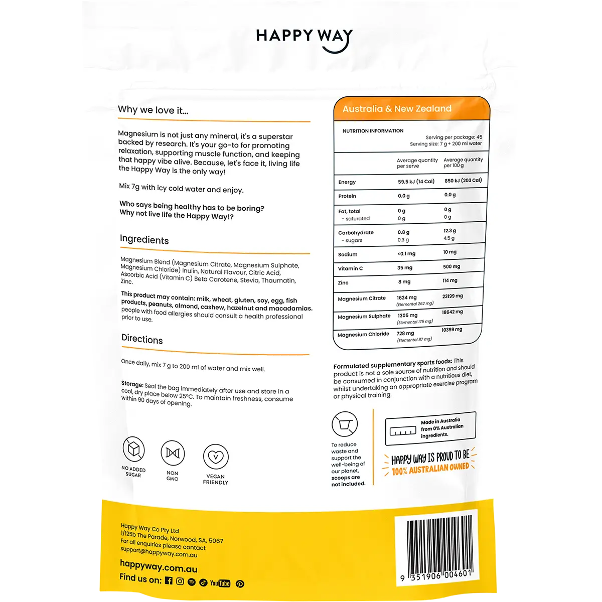 Happy Way Magnesium Powder Tropical 315g — back pack image (UHP)