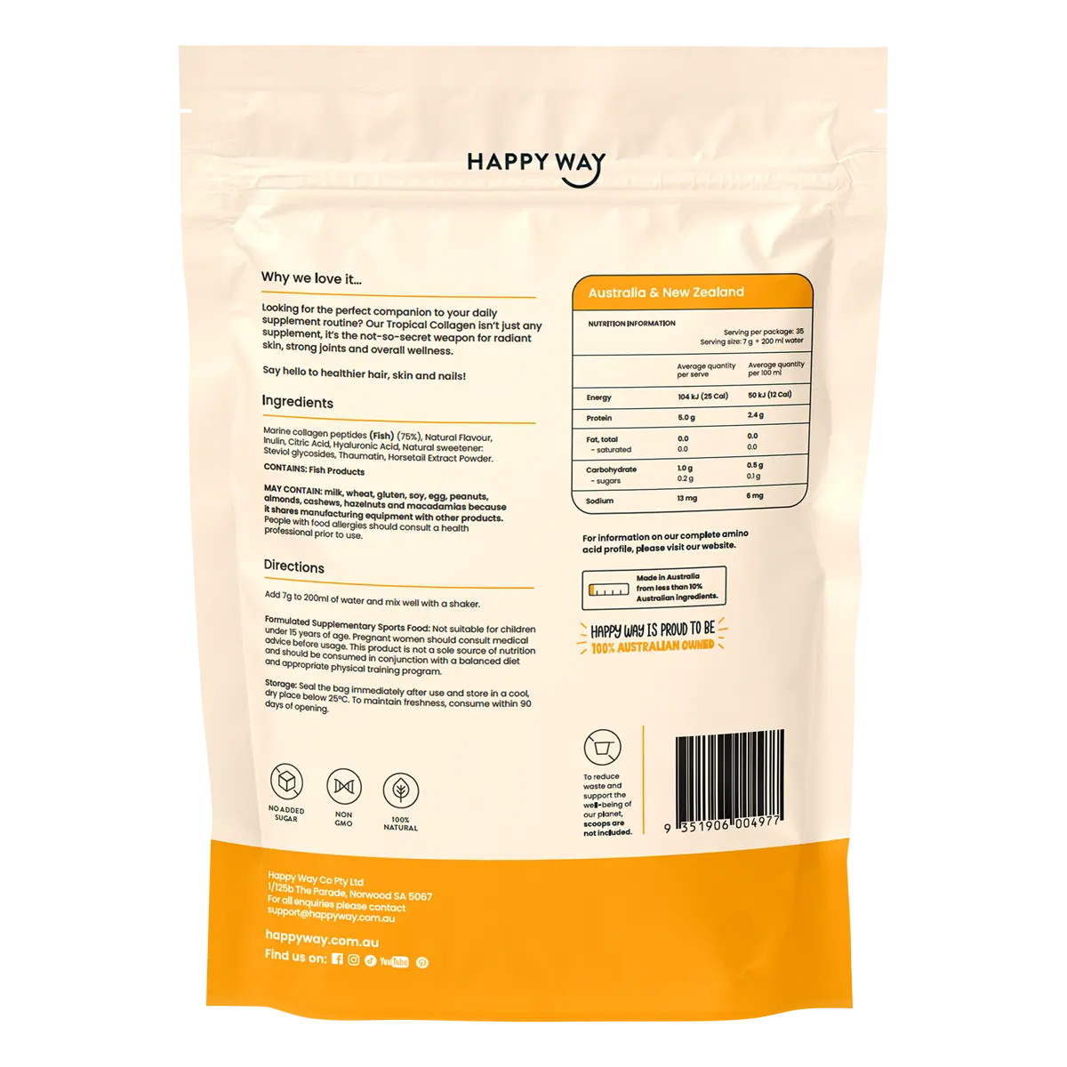 Happy Way Marine Collagen Powder Tropical 250g — back pack image (UHP)