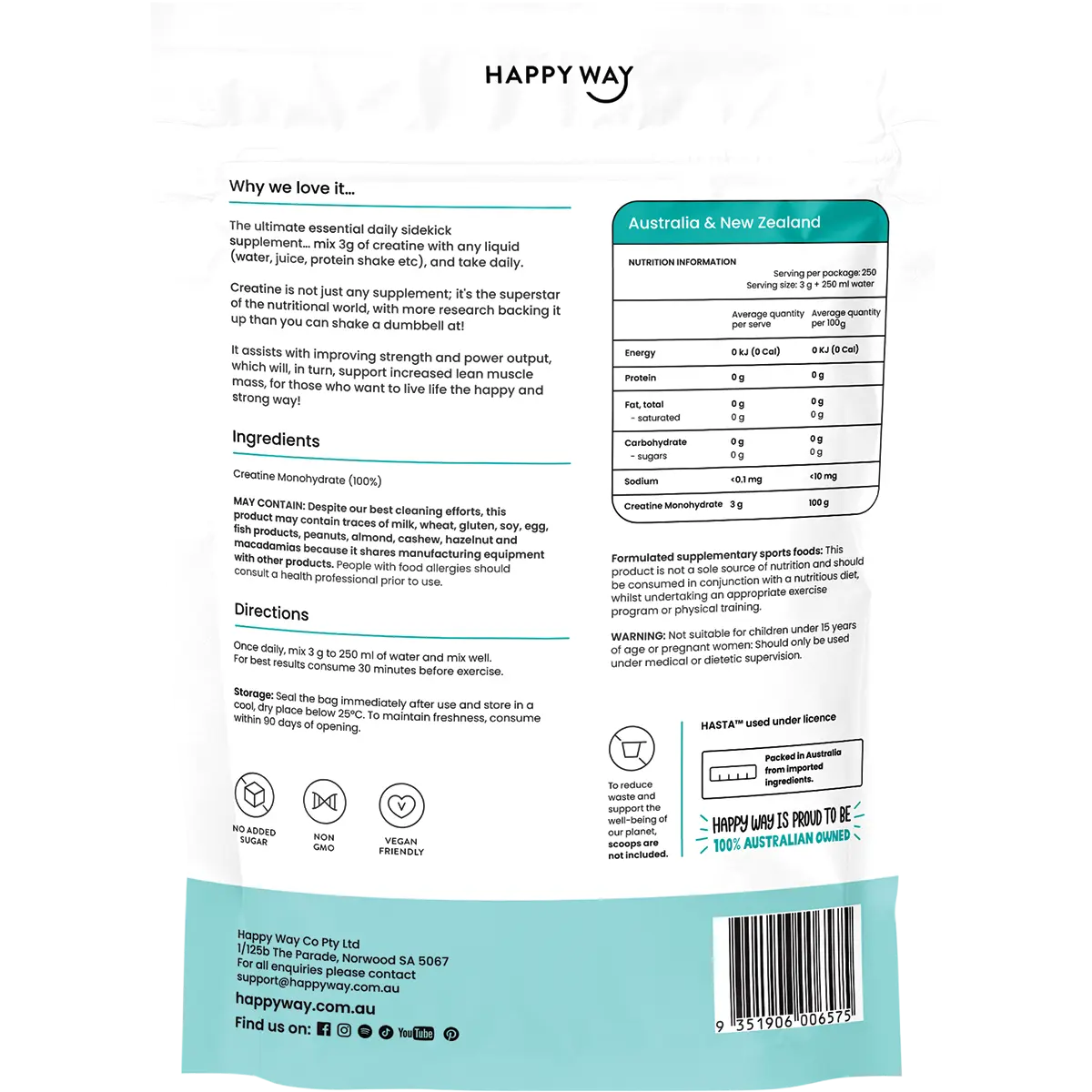 Happy Way Creatine Powder Monohydrate — back pack image (UHP)