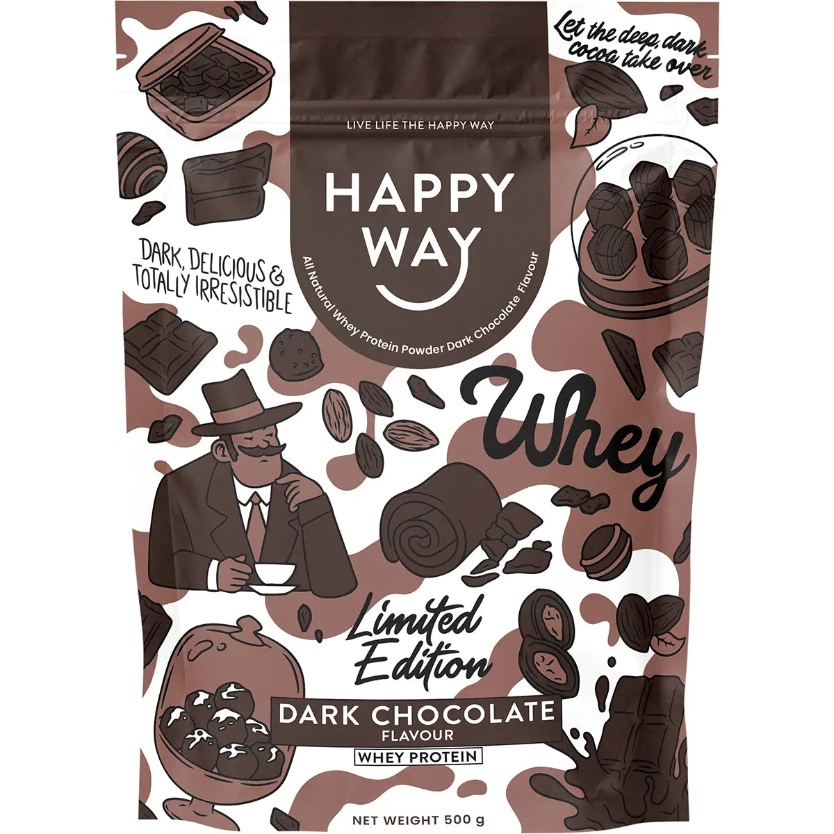 Happy Way Dark Chocolate Whey Protein Powder 500g — front pack image (UHP)