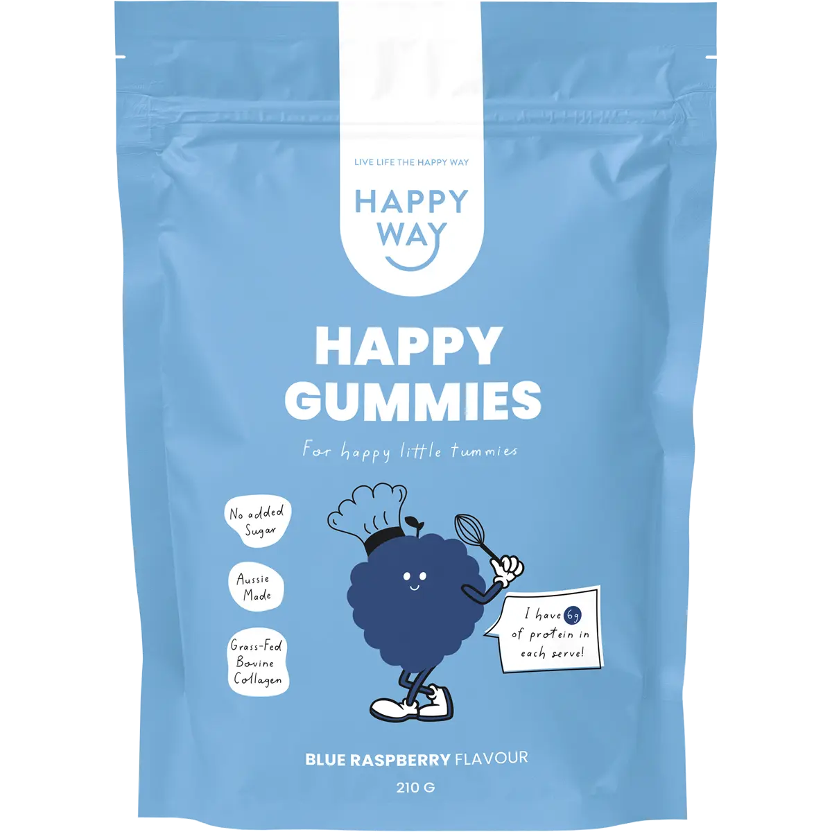 Happy Way Blue Raspberry Flavour Happy Gummies Mix 210g — front pack image (UHP)