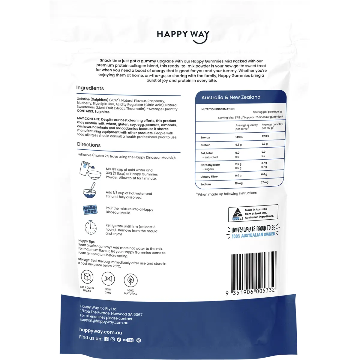 Happy Way Blue Raspberry Flavour Happy Gummies Mix 210g — back pack image (UHP)