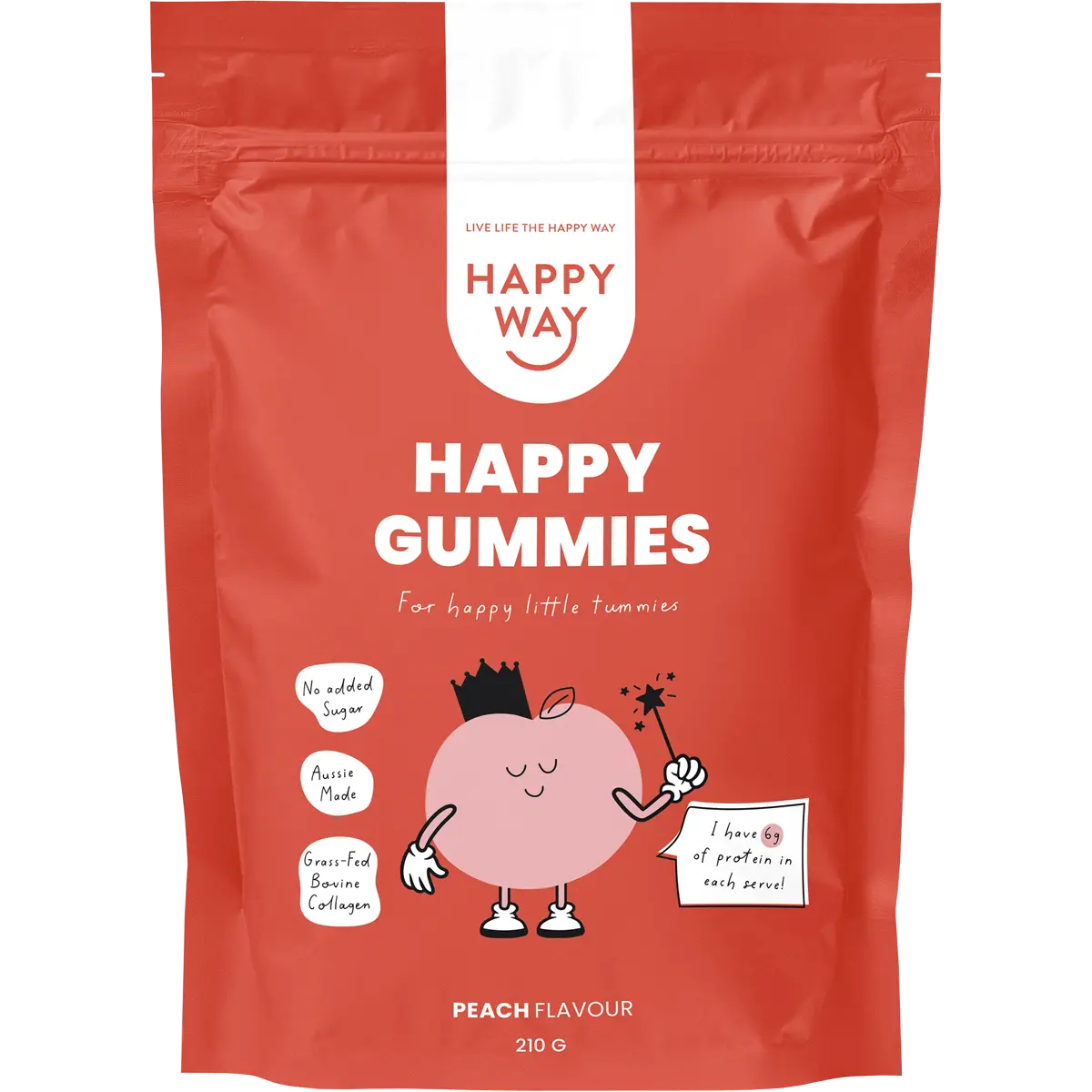 Happy Way Peach Flavour Happy Gummies Mix 210g — front pack image (UHP)