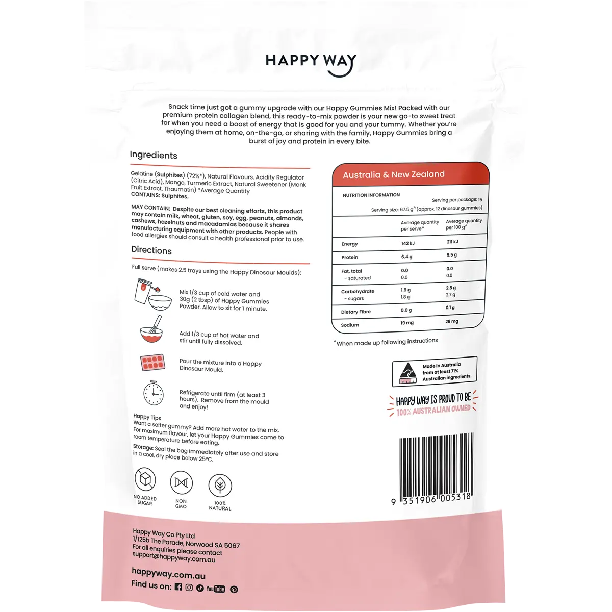 Happy Way Peach Flavour Happy Gummies Mix 210g — back pack image (UHP)