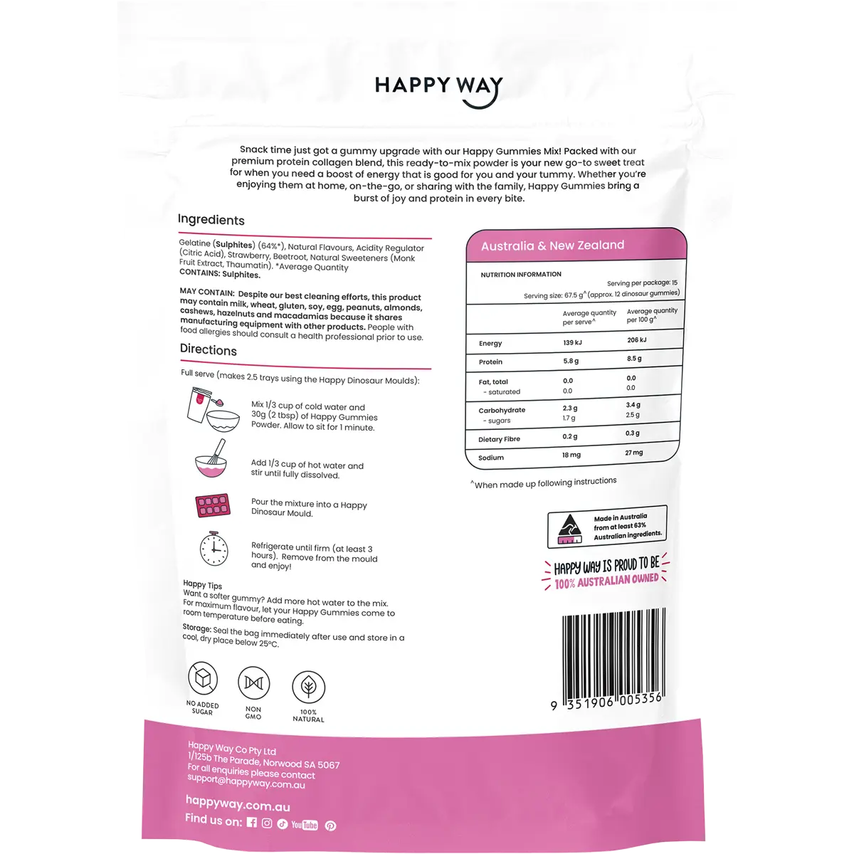 Happy Way Strawberry Flavour Happy Gummies Mix 210g — back pack image (UHP)
