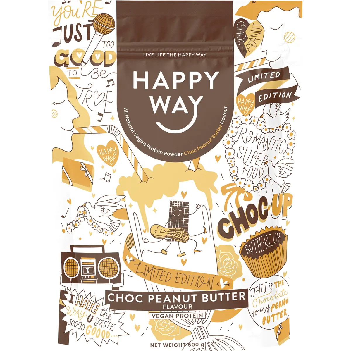 Happy Way Choc Peanut Butter Vegan Protein 500g — front pack image (UHP)