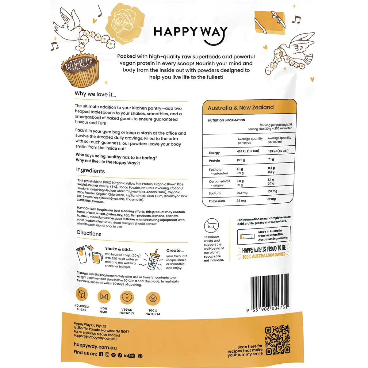 Happy Way Choc Peanut Butter Vegan Protein 500g — back pack image (UHP)
