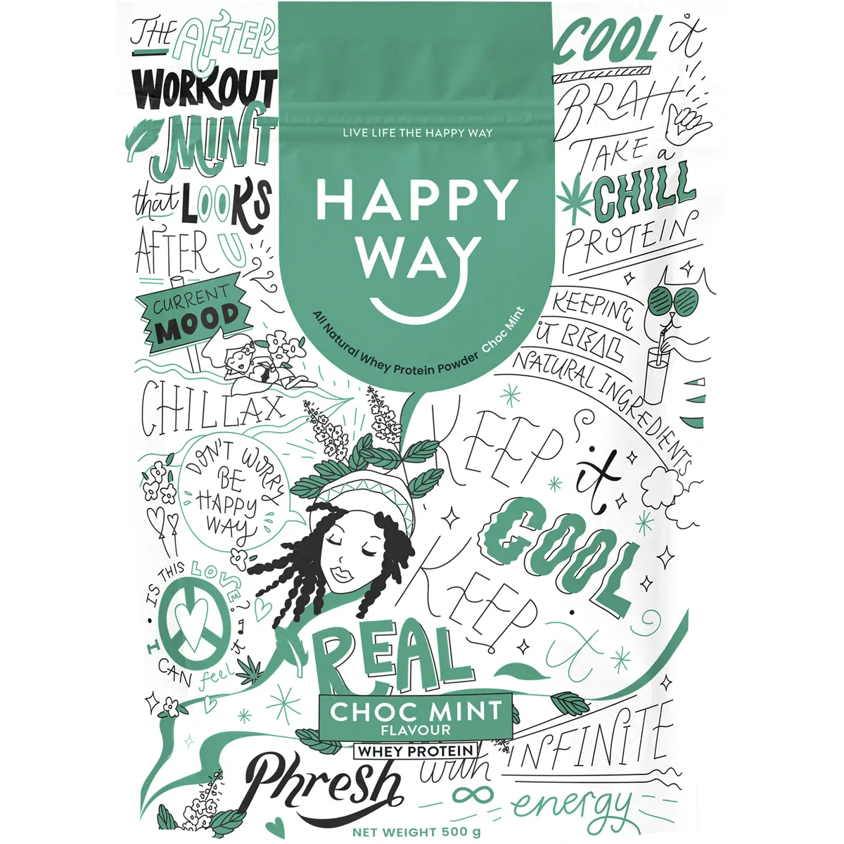 Happy Way Choc Mint Whey Protein Powder 500g — front pack image (UHP)