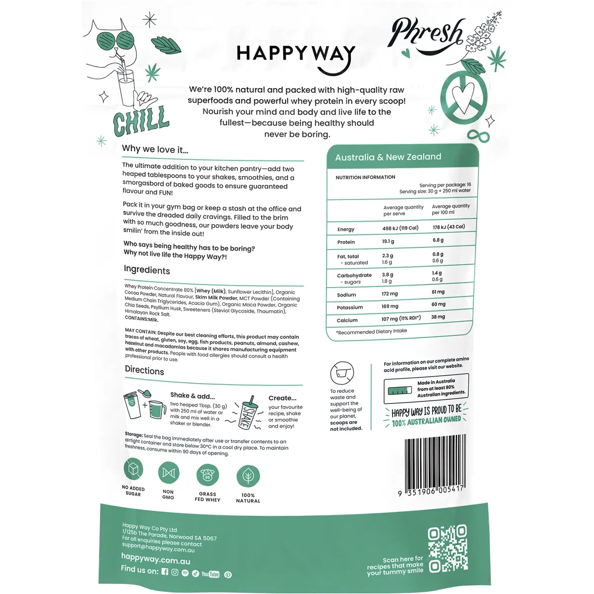 Happy Way Choc Mint Whey Protein Powder 500g — back pack image (UHP)