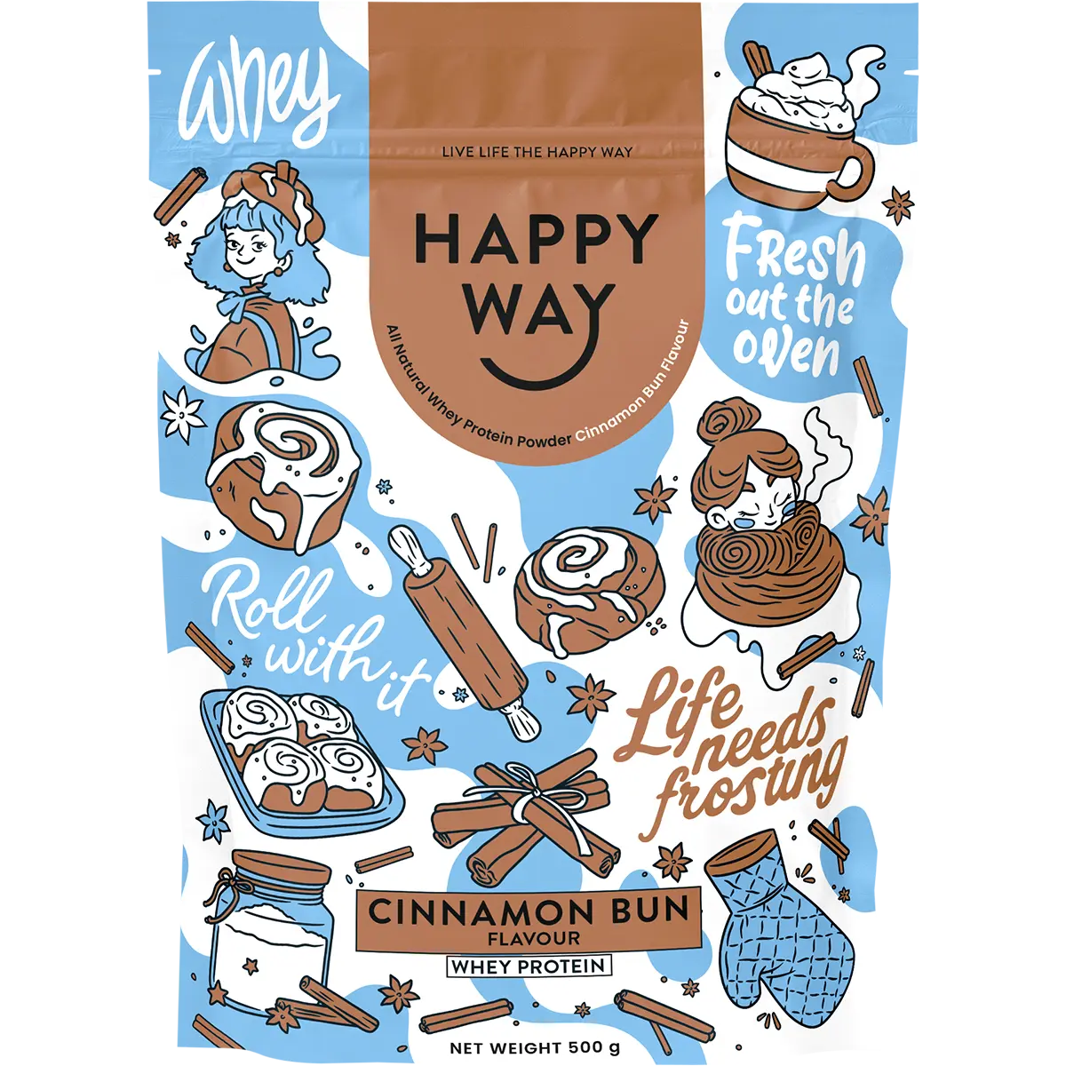 Happy Way Whey Protein Powder Cinnamon Bun 500g — front pack image (UHP)