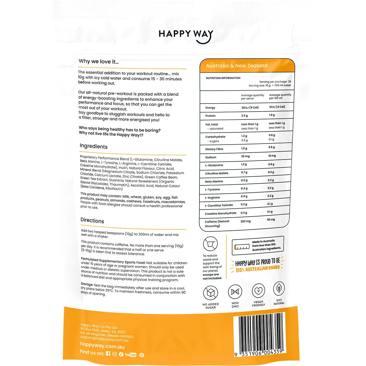 Happy Way Pre-Workout Powder Passionfruit 250g