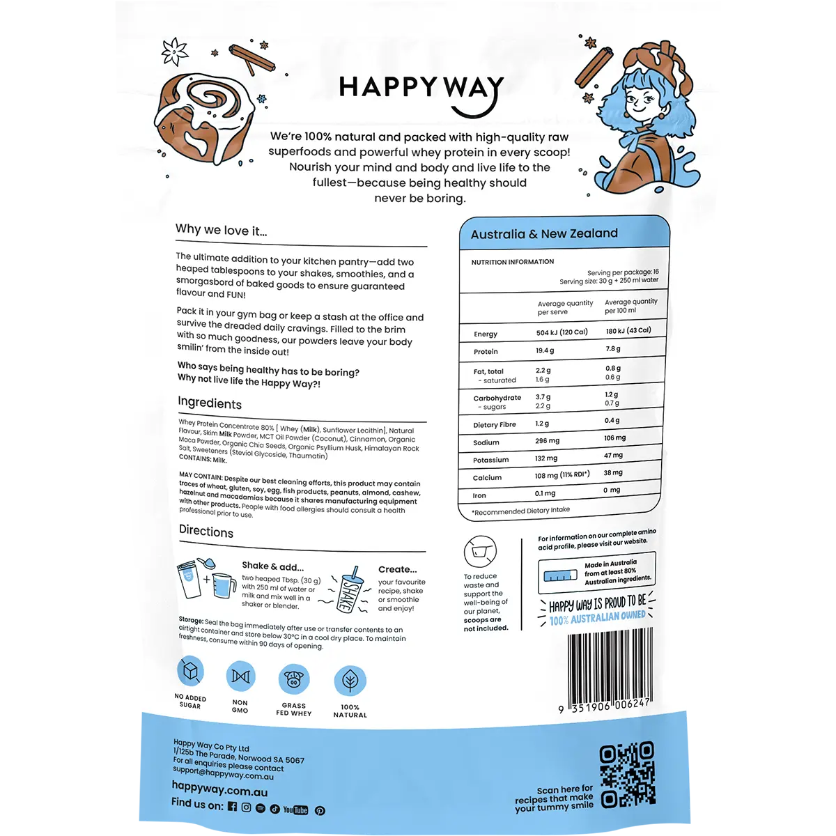 Happy Way Whey Protein Powder Cinnamon Bun 500g — back pack image (UHP)
