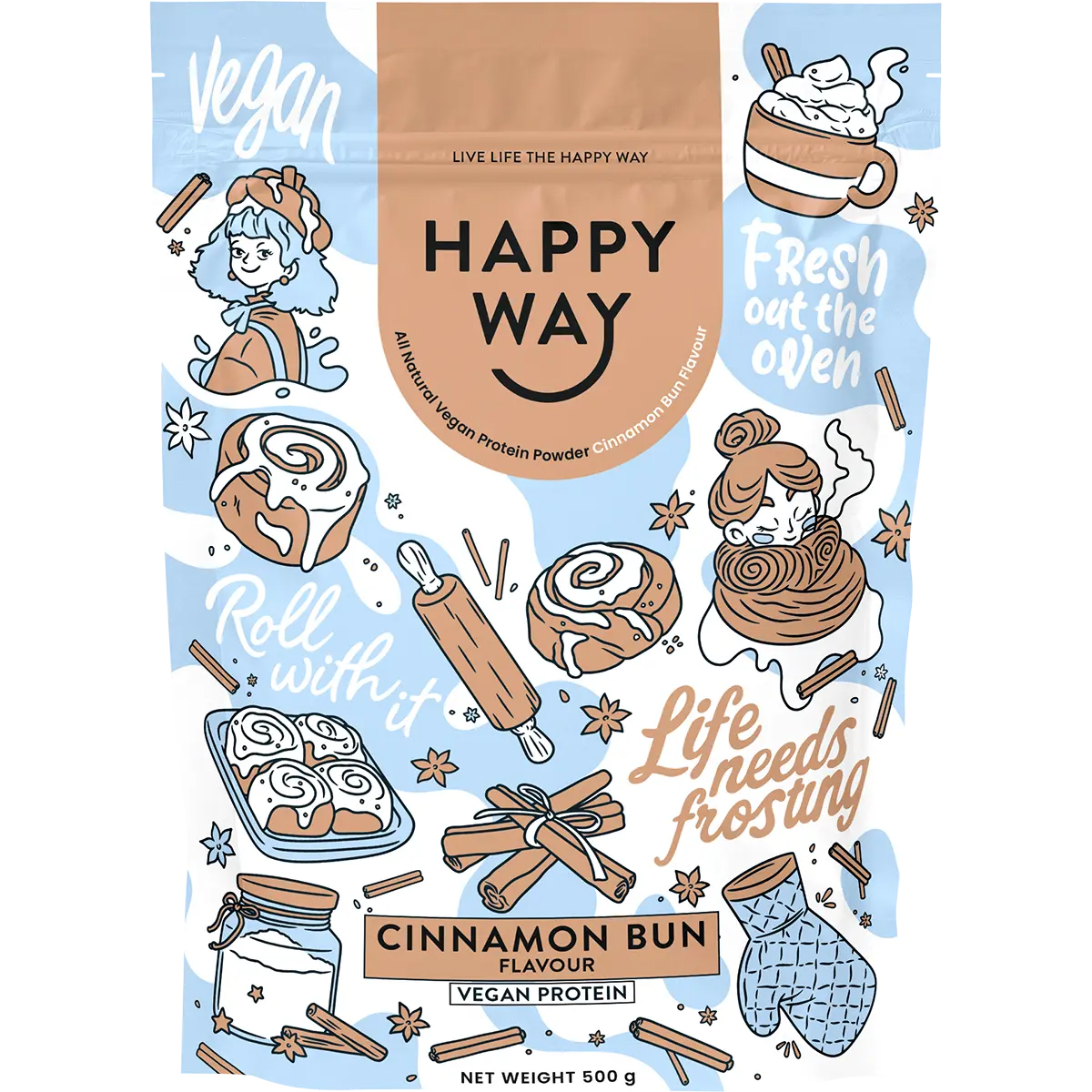 Happy Way Vegan Protein Powder Cinnamon Bun 500g — front pack image (UHP)