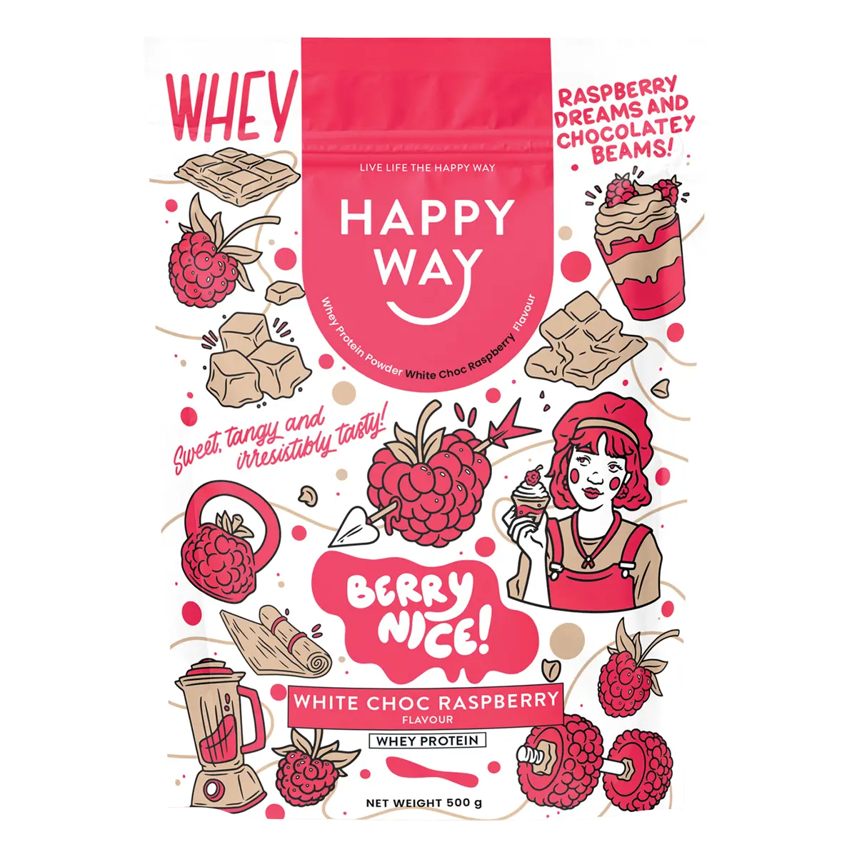 Happy Way Whey Protein Powder White Choc Raspberry 500g — front pack image (UHP)