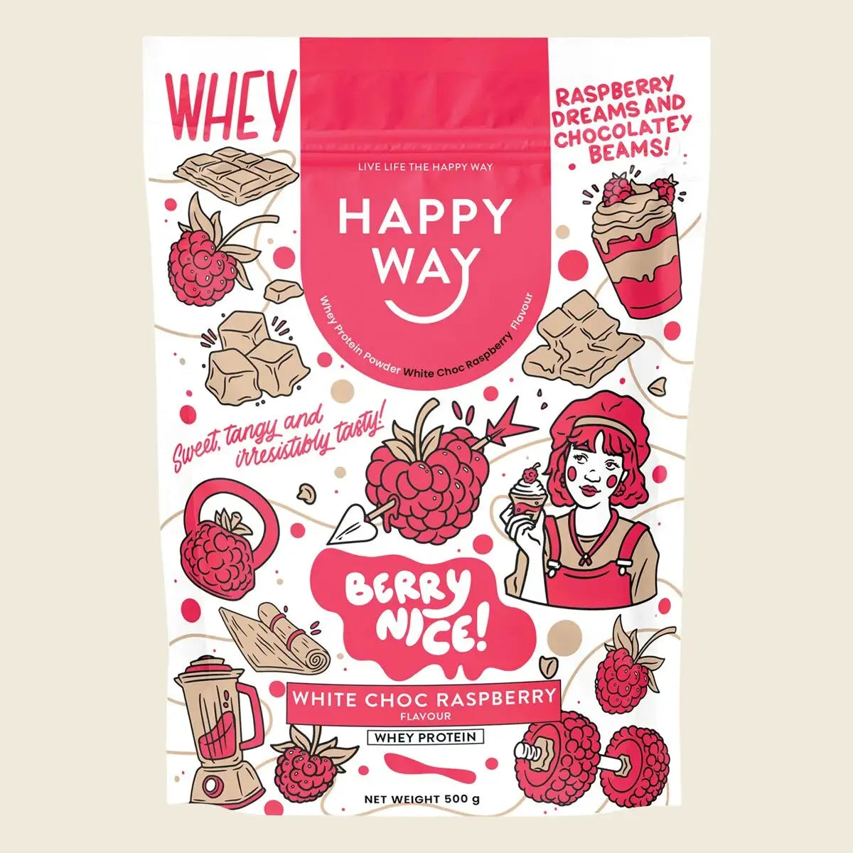 Happy Way Whey Protein Powder White Choc Raspberry 500g