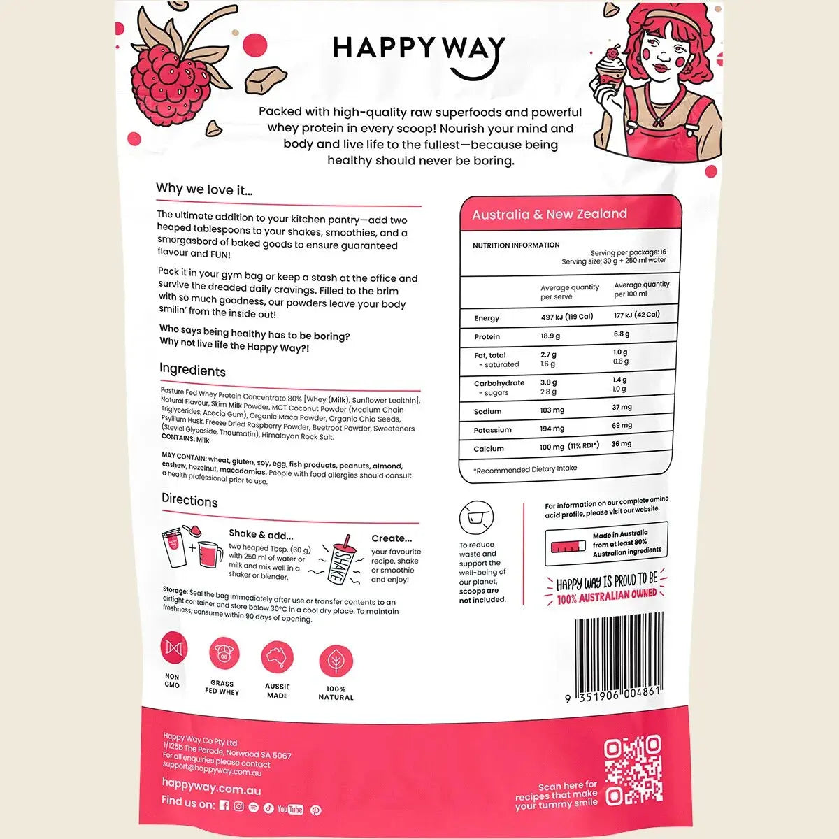 Happy Way Whey Protein Powder White Choc Raspberry 500g