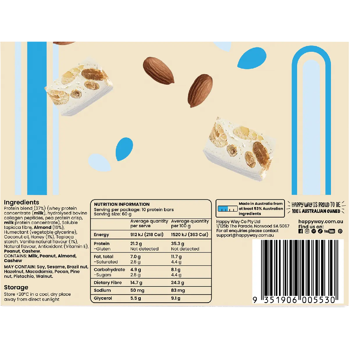 Happy Way Whey Protein Bar Vanilla Nougat 10x60g — back of pack and product information