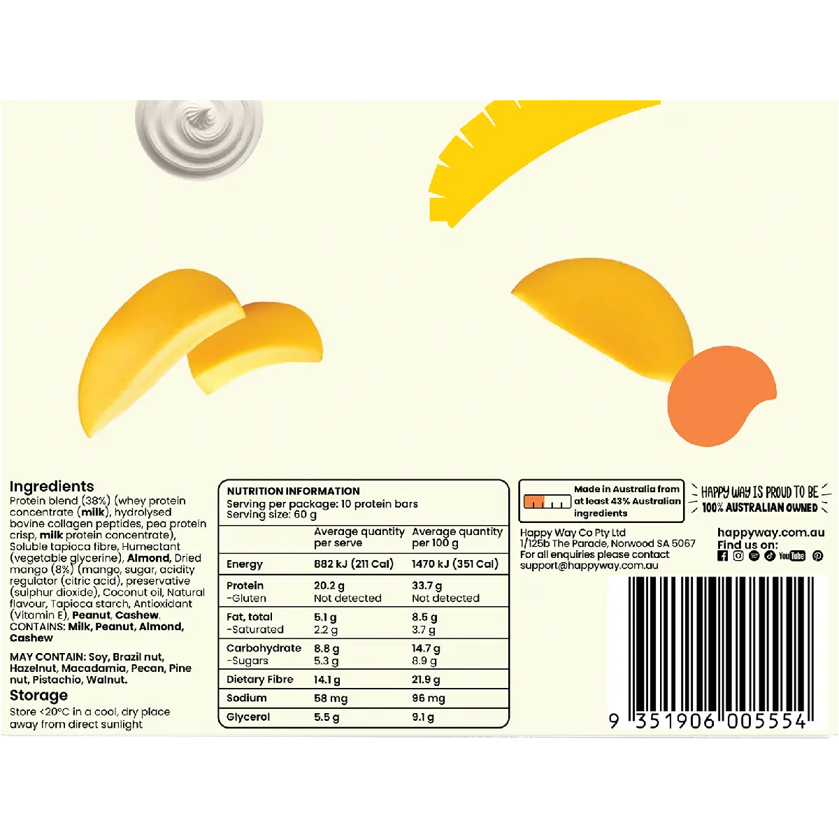 Happy Way Whey Protein Bar Mango Cream 10x60g — back of pack and product information